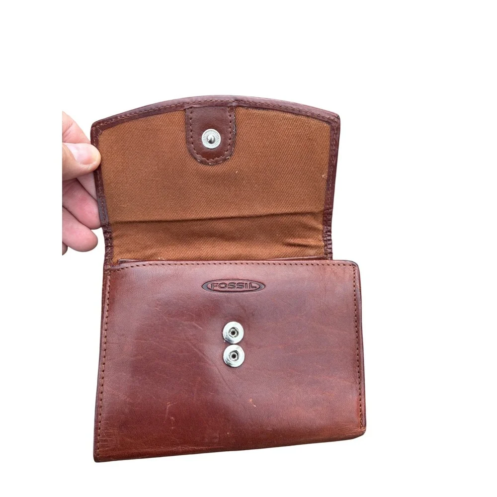 Fossil Brown Genuine Leather Woven Trifold Wallet Women Small Zip Pocket Snap